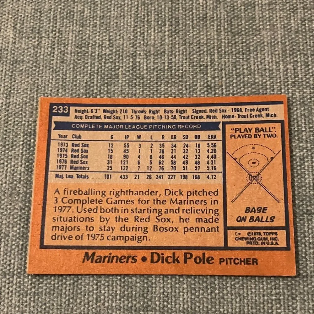1978 Topps Seattle Mariners Baseball Card Trading Card